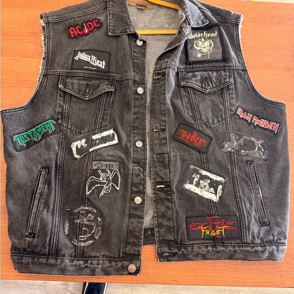 Black Denim Vest with Band Patches